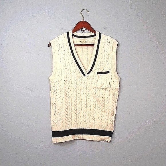 It's Our Time Oversized Cable Knit Ivory Navy Pocket Vest - Picture 1 of 8